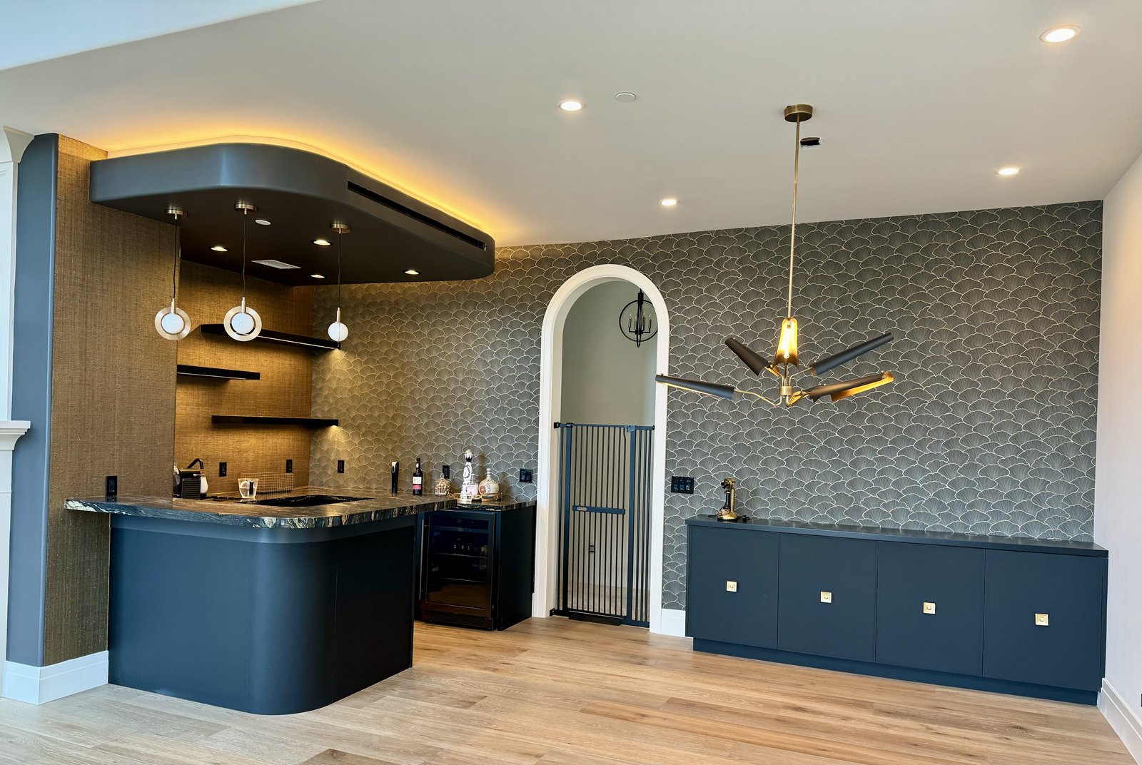 Navy wet bar with scalloped feature wall after finish