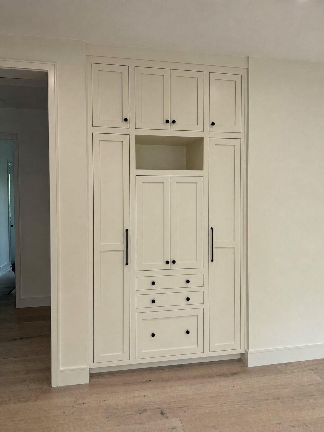 Dated almond built-in cabinet before repaint